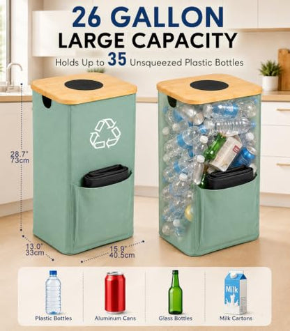Recycling Bin for Kitchen with Bamboo Lid - Green, 26 Gallon Capacity