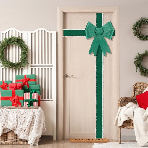 Green Christmas Cabinet Bow Set with Velvet Ribbon - 16 Pre-Tied Bows & Decor