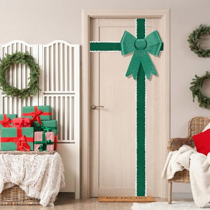 Green Christmas Cabinet Bow Set with Velvet Ribbon - 16 Pre-Tied Bows & Decor