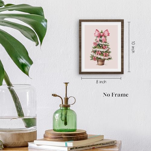 Christmas Tree Wall Art Prints Set of 4 - Pink & Green Mistletoe Decor for Girls Room, 8x10 Unframed