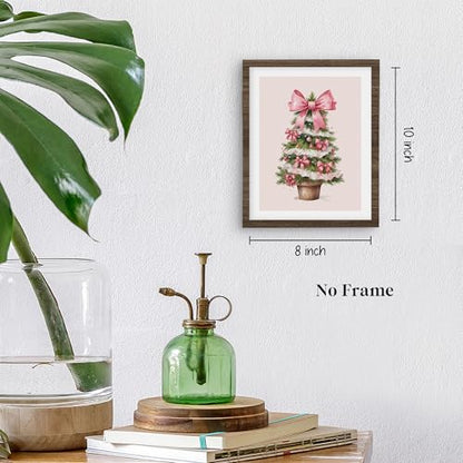 Christmas Tree Wall Art Prints Set of 4 - Pink & Green Mistletoe Decor for Girls Room, 8x10 Unframed