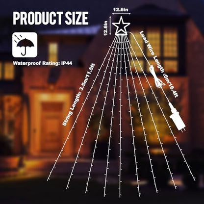 Outdoor Christmas Decorations 11.5ft Warm Waterfall Tree Lights with Star, 8 Modes