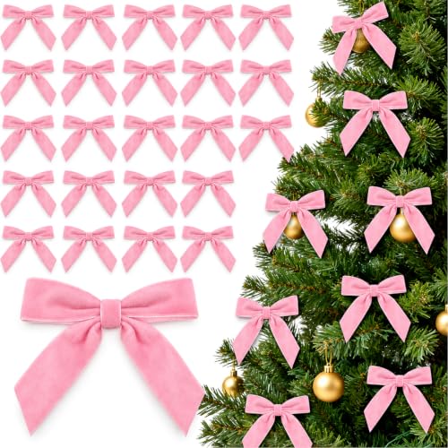 Pink Velvet Christmas Tree Bows - Set of 24 Pre-Tied Small Decorations