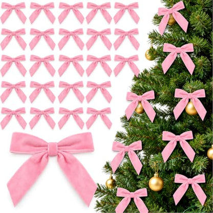 Pink Velvet Christmas Tree Bows - Set of 24 Pre-Tied Small Decorations