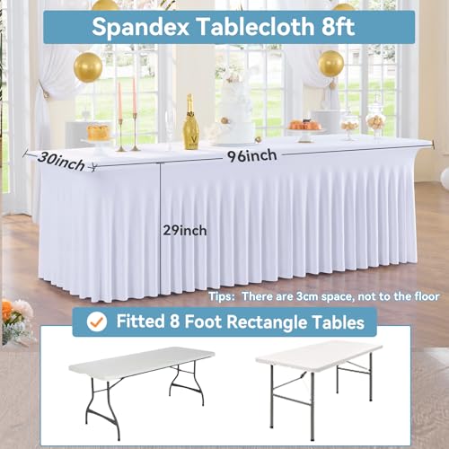 White Spandex Table Cover 8ft Rectangle with Ruffle Skirt 2 Pack - Wrinkle Free Stretch Fitted Tablecloths for Parties Weddings Banquets