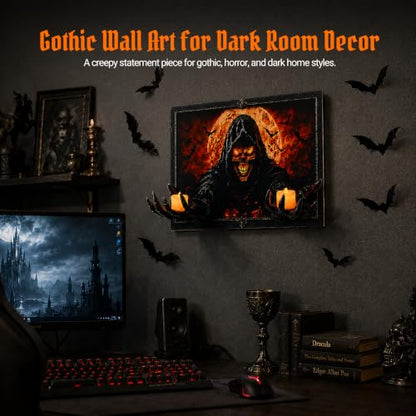 Halloween 3D Grim Reaper Wall Decor with LED Candles and Bats - Indoor Haunted House Gothic Wall Art