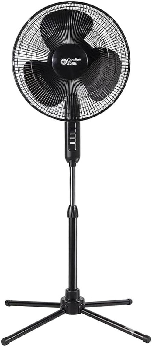 Comfort Zone 16-Inch Oscillating Pedestal Fan - High-Velocity 3-Speed Cooling, Adjustable Height & Tilt, Black