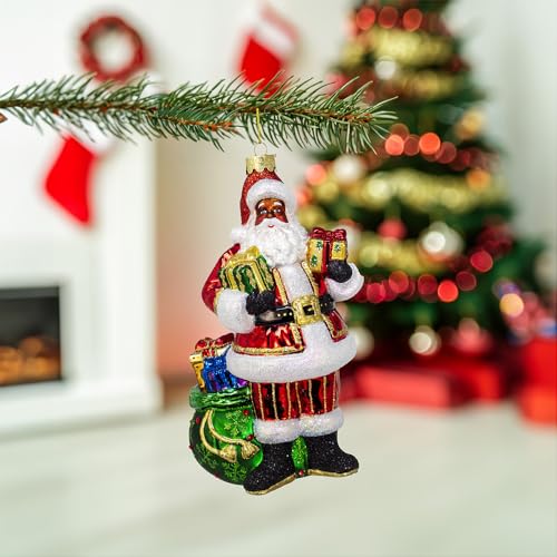 7-Inch Glass African American Santa Ornament - Holiday Christmas Decor