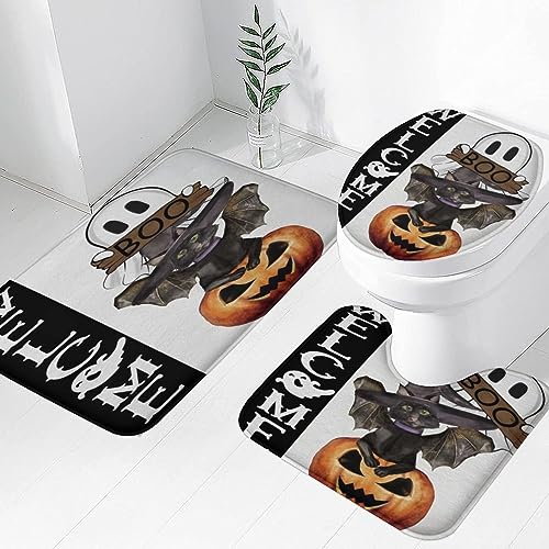 Easternproject 3 Piece Halloween Bath Mat Forever My Boo Black White Ghost Spooky Halloween Decor Bath Rug Sets Soft Non Slip Water Absorbent U-Shaped Contour Toilet Mat, Toilet Lid Cover