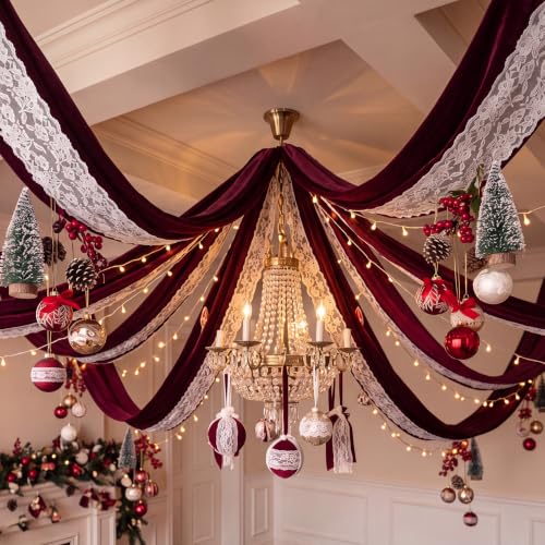 Burgundy Velvet and Lace Ceiling Draping Kit for Christmas Wedding - Variation: Burgundy