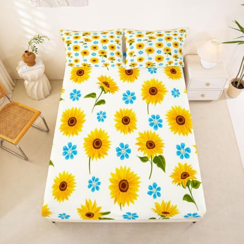 Kids Sunflower Bed Sheets Set King Size Yellow Blue Deep Pocket Microfiber