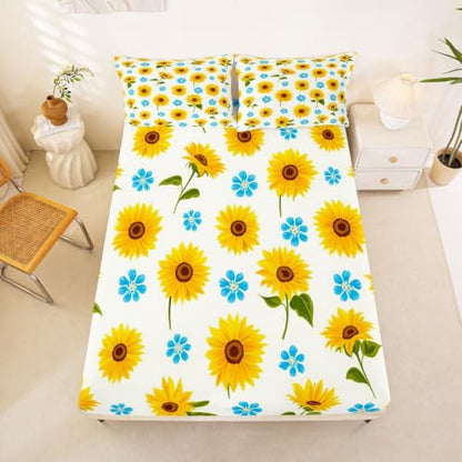 Kids Sunflower Bed Sheets Set King Size Yellow Blue Deep Pocket Microfiber