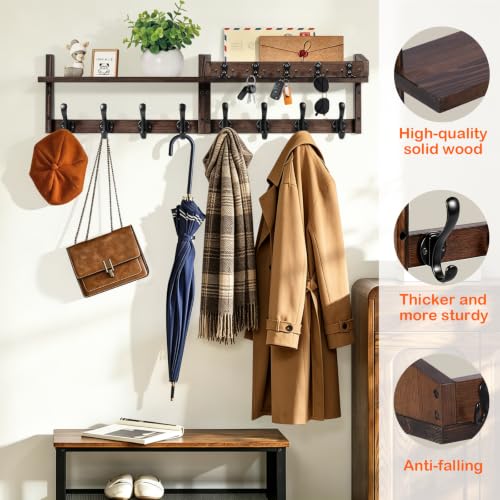 Wall Mounted Coat Rack with Shelf and 13 Hooks - Rustic Wooden Entryway Organizer