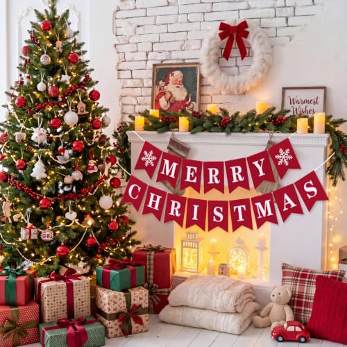 Funrous Merry Christmas Banner Red Xmas Bunting Garland Party Decorations - Red Xmas
