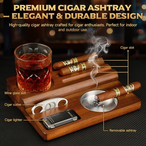 Brown Wooden Cigar Ashtray Set with Lighter Cutter & Accessories - Indoor Outdoor