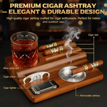 Brown Wooden Cigar Ashtray Set with Lighter Cutter & Accessories - Indoor Outdoor