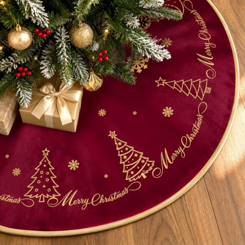 Christmas Tree Skirt Gold Embroidery 60 Inch Red Velvet Tree Decor - Variation of Tree Red / 60 Inch