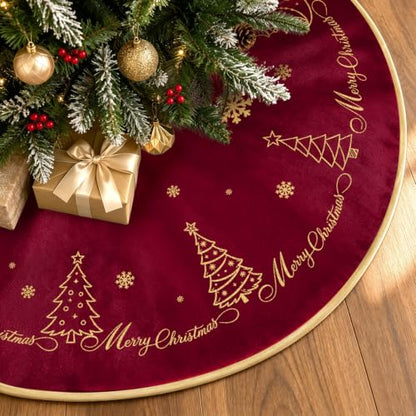 Christmas Tree Skirt Gold Embroidery 60 Inch Red Velvet Tree Decor - Variation of Tree Red / 60 Inch