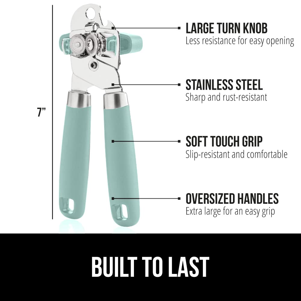 The Original Gorilla Grip Heavy Duty Stainless Steel Smooth Edge Manual Hand Held Can Opener With Soft Touch Handle, Rust Proof Oversized Handheld Easy Turn Knob, Large Lid Openers, Mint