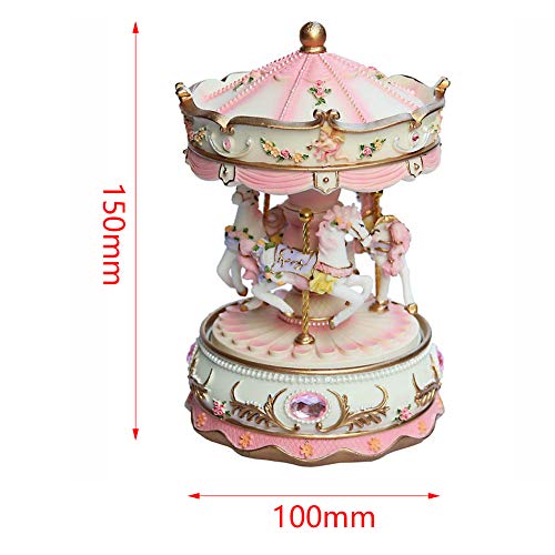 Pink Carousel Music Box for Girls, Rotating Horses with LED Light, 5.9 in