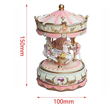 Pink Carousel Music Box for Girls, Rotating Horses with LED Light, 5.9 in