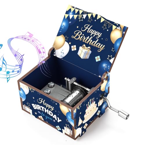 Wooden Hand Crank Music Box Birthday Melody Mini Keepsake Blue