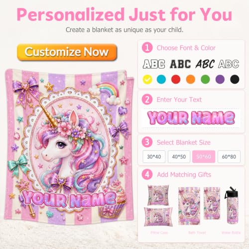 Girls Unicorn Blanket - Custom Gold Kids Throw Blanket - Soft Flannel