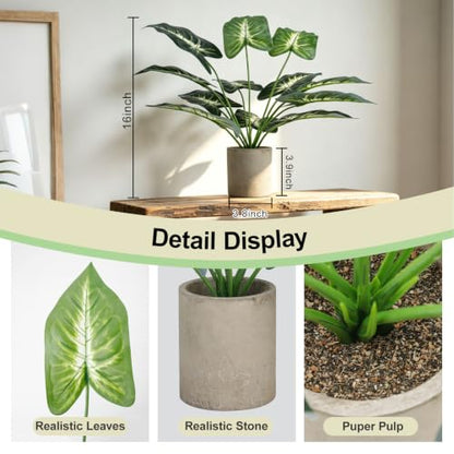 Artificial Plant Set with Concrete-Style Pots - 2 Large Tropical & 4 Mini Succulents