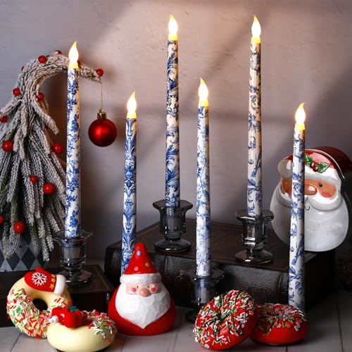Chinoiserie Flameless LED Taper Candles - 6 Pack, 11 Inch, Blue & White