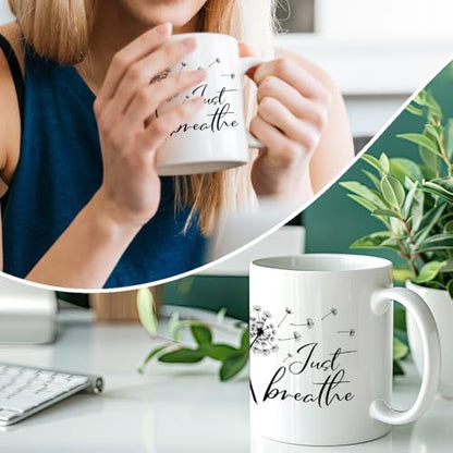 Just Breathe Novelty 11oz Coffee Mug - Funny Dandelion Floral Gift for Yoga & Meditation Lovers