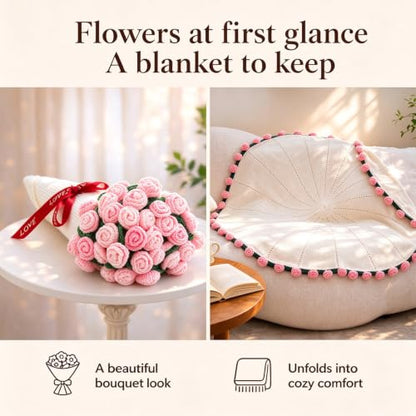 Pink Rose Flower Bouquet Blanket Gift Set - 7-Piece, 32-Inch for Women, Mom, Sister