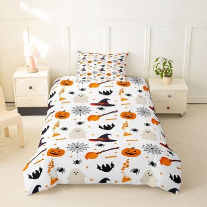 Halloween Pattern Duvet Cover Twin Size Pumpkin Ghost Print Comforter Cover for Kids - White Orange