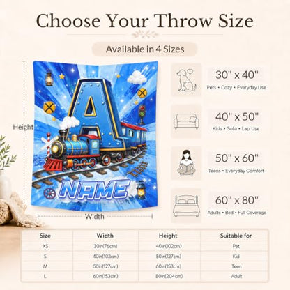 Personalized Kids Blanket for Boys Blue - Custom Train Throw for Toddlers