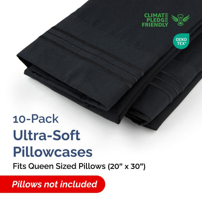 Queen Pillow Cases Set of 10 - Ultra Soft Hotel Quality Pillowcase Covers - Comfy & Wrinkle Free - Shrink, Stain and Fade Resistant - Easy-Care, Machine Washable Pillow Protectors - 10 Pcs Set - Black