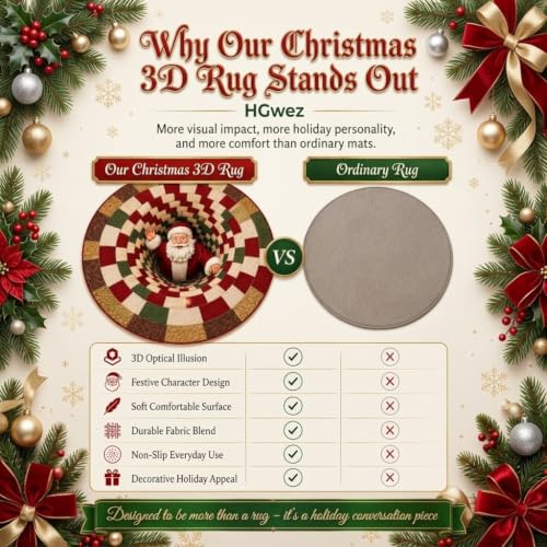 Christmas 3D Vortex Santa Floor Mat - Round Optical Illusion Rug, 39.37in, Anti-slip, Easy Clean