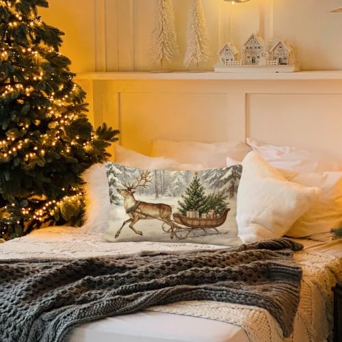 Reindeer Sleigh Christmas Throw Pillow Cover 20x12 Inches - Holiday Decor - Pack of 1