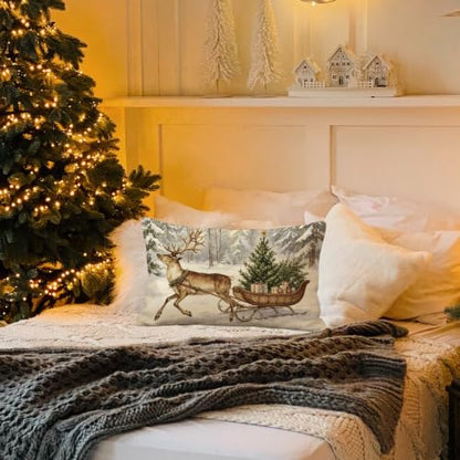 Reindeer Sleigh Christmas Throw Pillow Cover 20x12 Inches - Holiday Decor - Pack of 1