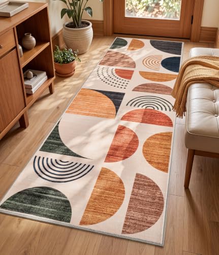 Boho 2x6 Beige and Terracotta Runner Rug - Non Slip Washable Mid-Century Style