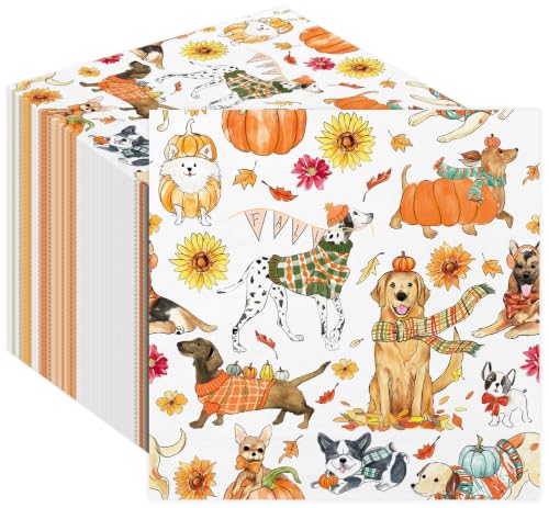 Fall Napkins Cocktail Paper Set with Dogs Pumpkins Sunflowers 50 Sheets