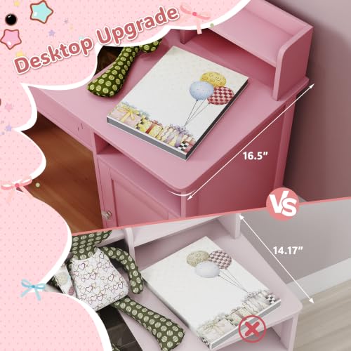 Kids Vanity Set Pink with Mirror Lights and Storage - Toddler Girl Dress Up Desk - All Pink