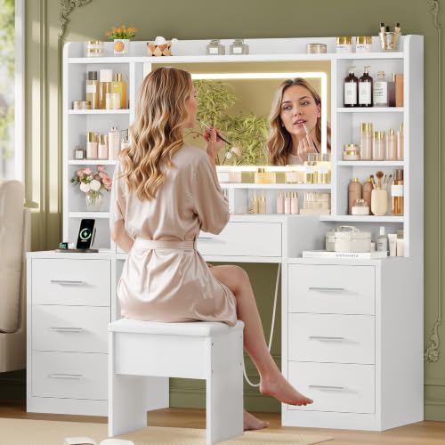 Large Vanity Desk with Mirror and 3-Color LED Lights, 7 Drawers & 6 Shelves, USB & Power Outlets, White