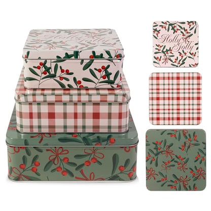 Square Cookie Tin Set of 3 - Holly Jolly Holiday Gift Containers