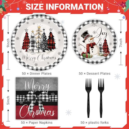 Christmas Paper Plate and Napkin Set - Buffalo Plaid 9x7 Inch, 200 pcs