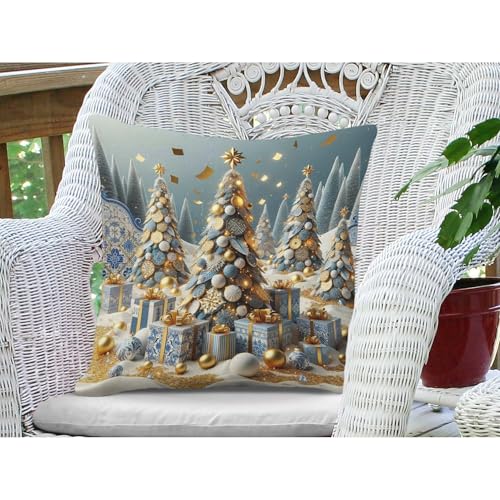 Merry Christmas Tree Throw Pillow Cover 16x16 Inch - Festive Snow Drift Gold Confetti Cushion for Sofa