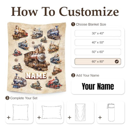 Personalized Boys Train Blanket - Brown Flannel Kids Throw