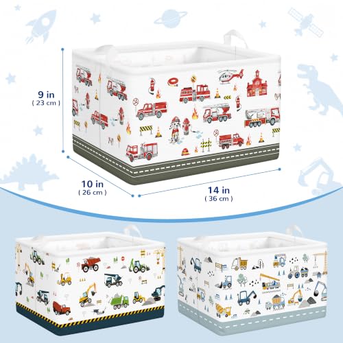 Kids Storage Basket Set of 3 with Fire Engine Design - Foldable Toy Organizer