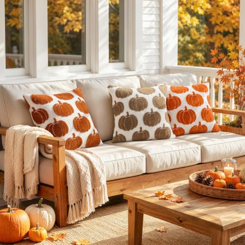Fall Pumpkin Pillow Covers Set of 2 - 18x18 Rust Harvest Decor