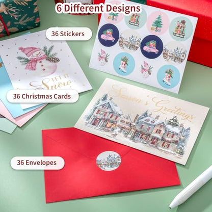 Christmas Cards Set with Envelopes & Stickers - 36 Pack Holiday Greeting Cards, 6 Designs - Christmas Card Variation
