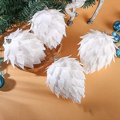 Set of 4 White Christmas Tree Ornaments - Pinecone & Glitter Decor
