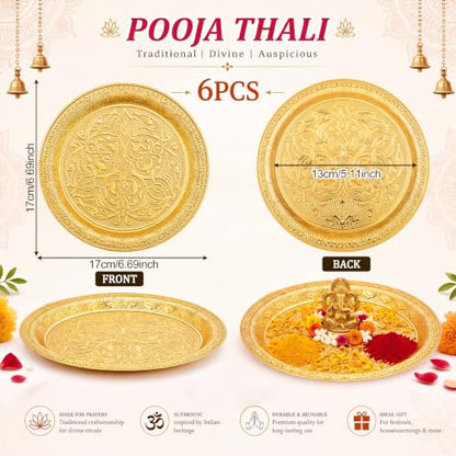 6 Pcs Gold Finish Indian Pooja Thali Tray Set for Religious & Festive Gift Giving
